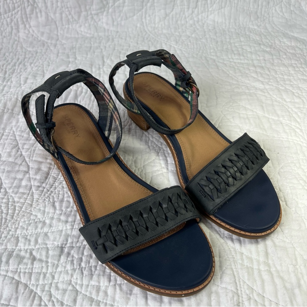 Sperry Topsider Leather Strap Sandals, 2” block heel, medium blue, size 10